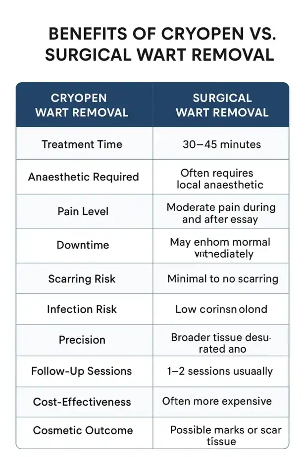 Table showing the benefits of cryopen to remove warts Northolt compared to surgical treatment